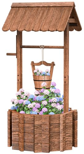 Amopatio Large Wishing Well for Outside, Wooden Wishing Well with Adjustable Hanging Bucket, Rustic Flower Planter Garden Patio Lawn Home Decor