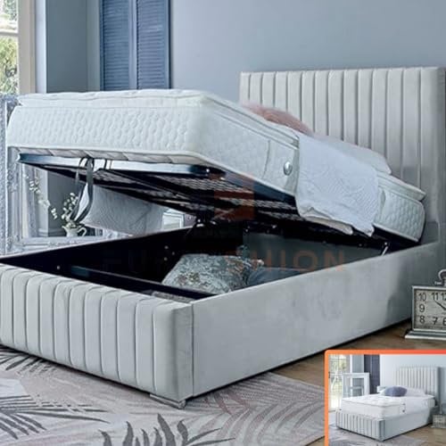 Furnishion Ottoman Bed - Silver Velvet Double Bed with Storage - Panel 4ft6 Bed - Mattress Not Included & 48inch High Headboard