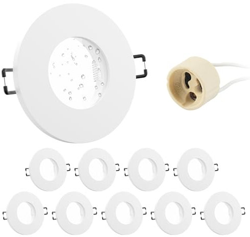 Doughelec 10er Einbaustrahler GU10 Rahmen IP65 Aluminium Weiß, Badezimmer Einbaurahmen Spot Einbauspots Rund Flach 68mm Lochdurchmesser inkl GU10 Fassung für LED Wasserdicht Einbauleuchten, 230V Matt