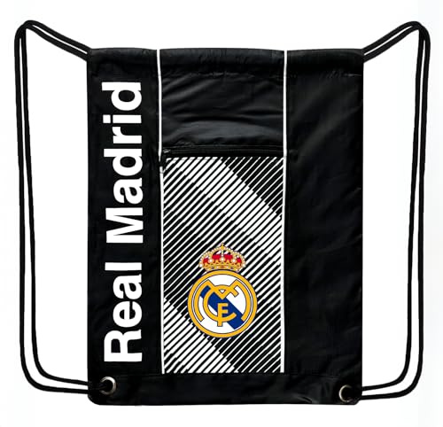 Real Madrid Drawstring Backpack, Officially Licensed Real M. Bag Sport Gym Sackpack., Black, M, Classic Backpack