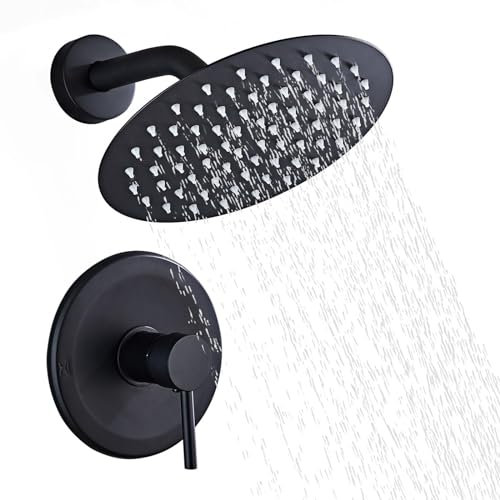 HUCKLE Système de douche à effet pluie, 20 cm, noir mat, kit de douche à une main, en acier inoxydable et laiton