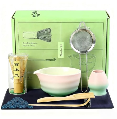 Matcha-set – 8 stycken Matcha-kvast teset, matcha-skål med pip, bambu matcha-whisk, spade, sil, matcha kvasthållare, matcha startset tillbehör med tehandduk (8, rosa-grönlöv)