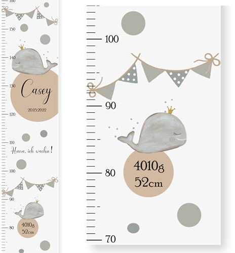 EmiliaLotte Personalisierte Kinder Messlatte Holz mit Wunschname & Daten I Messlatte Kinder 70-160 cm I Montessori Messlatte Kinder Holz in Weiß - Wal Blau I Messlatten für Kinderzimmer