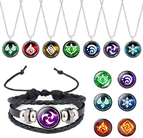 Bracelet GENSHIN, Élément de Jeu Badge, 7 Pièce GENSHIN Collier, Anime Merch Avec 7 Pièce Éléments de Rechange, Anime Bracelet Set pour Fans D'anime