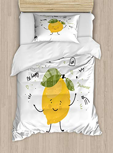 ABAKUHAUS Zitrone Bettbezugs Set für Einzelbetten, Lustige glückliche Zitrone Doodle, Milbensicher Allergiker geeignet mit Kissenbezug, 130 x 200 cm, Gelb