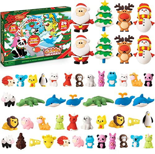 JOYIN 2024 Adventskalender Weihnachten 24 Tage Countdown-Adventskalender mit 24 Tierfiguren inklusive 48 Radiergummis Puzzle in 24 Fenstern Miniatur-Überraschungsspielzeug für Kinder