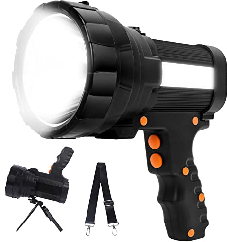 Super Bright LED Spotlight Rechargeable Flashlight 6000 Lumen Handheld Spotlight 10000mAh Long Lasting Torchlight Searchlight Flood Fishing Hiking Camping Flashlight USB Output with Tripod (Black)