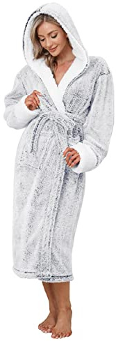 Nadeer Bademantel Damen Fleece Morgenmantel mit Kapuze | 2 Taschen, Saugstark, Dick, Weich, Leicht, Warm, Plüsch Hausmantel Lang mit Gürtel
