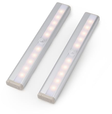 Chinoket Luce Armadio LED con Sensore Batteria, 10LED Luce Calda 3000K Batteria Sostituibile, 19cm Luci Notturne con Sensore di Movimento, Adatto per Camere da Letto, Cucine, Scale, Garage, 2 Pezzi