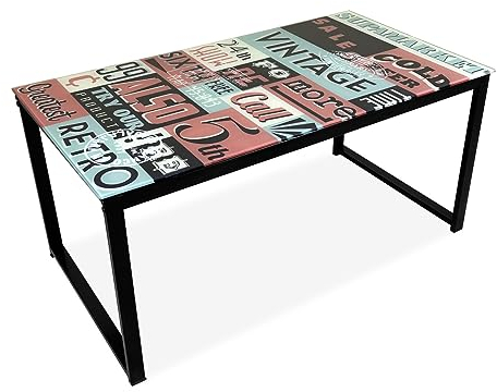 Homey - Mesa de Centro de Vidrio Impreso con Patas Metálicas, Modelo Vintage, Mesita de Salón o Comedor, Medidas: 90 cm (Ancho) x 50 cm (Fondo) x 43 cm (Alto)