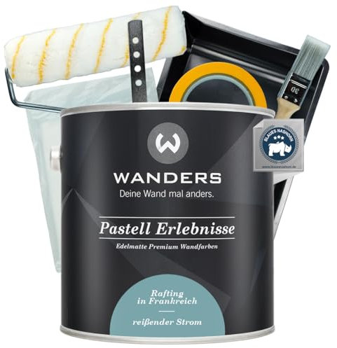 Wanders Peinture murale Pastel Erlebnisse 2,5 l (courant déchirant, bleu) avec kit de peinture Basic - Peinture à la craie de qualité supérieure, facile à utiliser, très opaque, ultra mat, parfaite