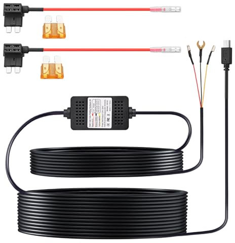 eSynic 3 Wire Mini USB Dash Cam Hardwire Kit 3.5m/11.5ft 12V-24V to 5V Dash Cam Hardwiring With Low Voltage Protection ACC Mode Function With 2*Medium ACU Fuse Holder & 2*5A ATC Fuse for Dash Cam etc
