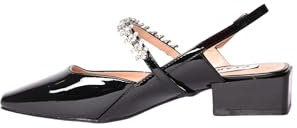 Slingback Donna Basse con Punta Quadrata in Pelle Sintetica Lucida Tacco Quadrato Ballerine con Cinturino e Strass (Nero, 38)