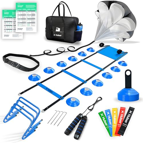 Hulser Fußball Trainingszubehör 26-teilig - Mit Koordinationsleiter 6 m, Hürden, Markierungshütchen, Springseil, Widerstandsfallschirmund und Widerstandsband-Set - Bewegungsgeschwindigkeit (Blau)