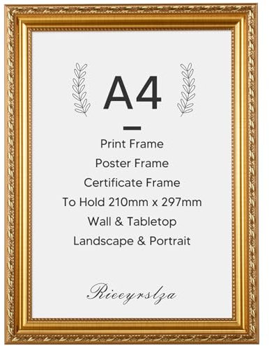 Rieeyrslza Barock Bilderrahmen A4 Vintage Fotorahmen 21x29,7cm Bilderrahmen Wand- & Tischrahmen Dekorative Fotorahmen mit Halterung, Geeignet für Vintage-Dekorationen (Gold 1Stk)