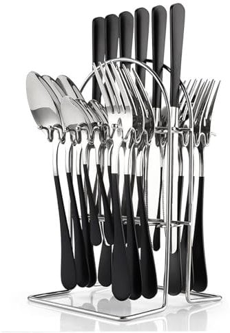 Flatware Set with Stand, 24 Pieces Stainless Steel Cutlery Set with Holder, Knife Fork Spoon Hanging Flatware Setfor 6 Person, Modern Kitchen Eating Utensils Set, Dishwasher Safe (Black)