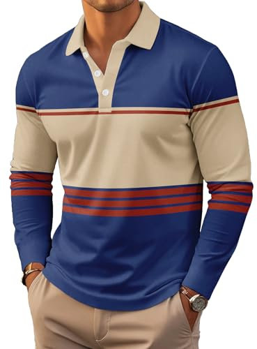 Men's Polo Shirt Long Sleeve Vintage Striped Golf Shirt Lightweight Casual Collared Shirt (UK, Alpha, L, Regular, Regular, #10)