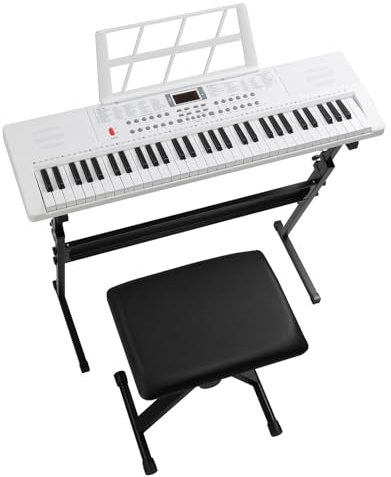 LEADZM Clavier Piano 61 Touches, Piano Numérique avec Support de Clavier, Banc de Piano, Pupitre, Casque, Microphone, Écran LED, 3 Modes D'apprentissage pour Débutants (Blanc)