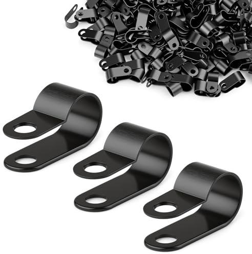NZNSML 150 Pcs R Type Black Cable Clips 3/16 P Clips Nylon Cable Cleats for Network Wires Computer Cords Power Wires Management for Families Factories Offices