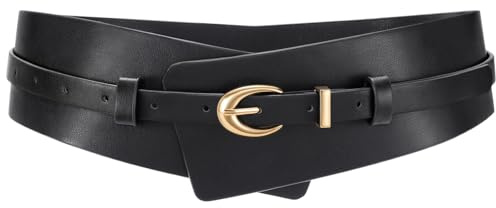 JASGOOD Ceinture Femme Large en Cuir Ceinture Robe Élégante 2-en-1 avec Ceinture Fine pour Costumes Robe,Noir,Taille 86-94 cm(Longueur 95 cm)