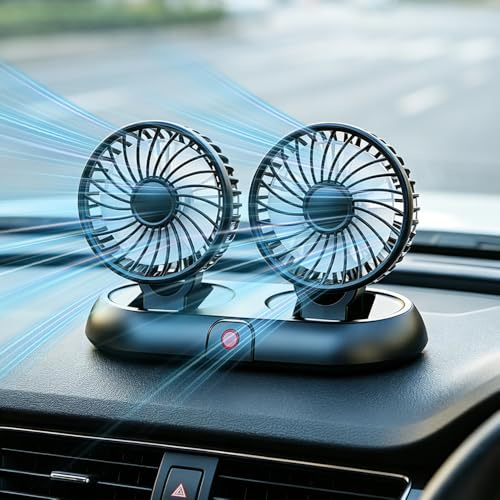 DAJASD Dual Head Car Fan, 5V 2A Dual Head USB Fans with 3 Speeds, 360° Rotation, Low Noise, Cigarette Lighter Interface, Portable Electric Car Desk Fans for Truck SUV RV Boat