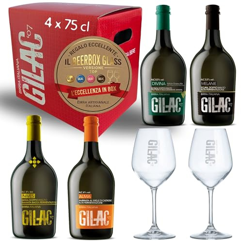 BEERBOX GLASS TOP Birra artigianale 4 bottiglie da 75cl e 2 bicchieri, birre artigianali confezione regalo, Birra artigianale Italiana non filtrata e non pastorizzata