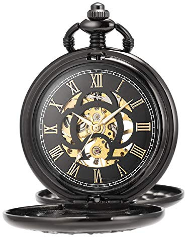 ManChDa antike, mechanische Taschenuhr Lucky Dragon und Phoenix Skelett Zifferblatt mit Kette + Geschenkbox