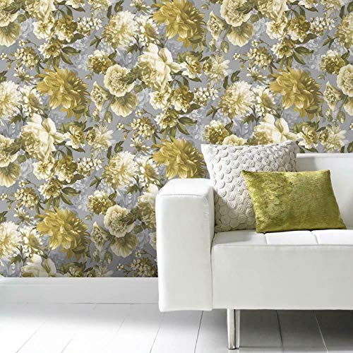 Grandeco Secret Garden Yellow Ochre Grey Floral Flower Wall Effect Wallpaper