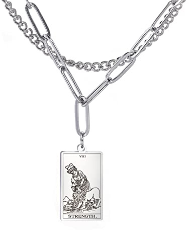 Amaxer Rider Waite Tarot Karte Halskette Retro Lucky Amulett Charm Anhänger Edelstahl Vintage Schmuck (VIII-Strength-Silver)