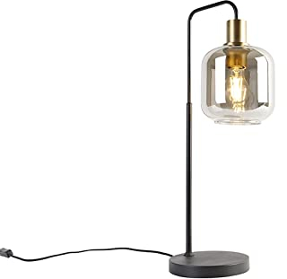 Qazqa - Design Design-Tischlampe schwarz mit Gold I Messing und Rauchglas - Zuzanna I Wohnzimmer I Schlafzimmer - Länglich - LED geeignet E27