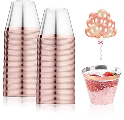 Pomeloone 50 Pcs Gobelets Réutilisables Transparents avec Bord en Or Rose pour Décoration Intérieure, Fêtes, Mariages, Anniversaires, Camping, Pique-Niques - 255ml