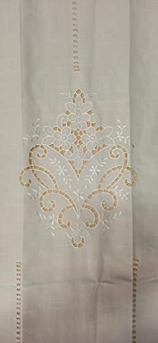 Corredocasa Tendina Dietro Vetro Misto/Lino Intaglio Ricamata A Mano Bianco (60x150 cm, Bianco)