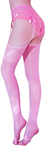 HTRUIYATY Bas pour Porte-Jarretelles Femme Sexy Huileux Brillant Soyeux Collants Jarretelles 8 Den Rose