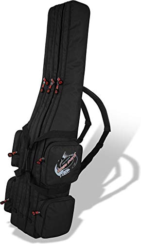 Rutentasche Rod Case Angelkoffer Futteral mit 2, 3 oder 4 Ruten-Fächern, Verschiedene Längen wählbar - stark wasserabweisender Fishing Rucksack Farbe Dunkelschwarz 3 Innenfächer Größe 125 cm