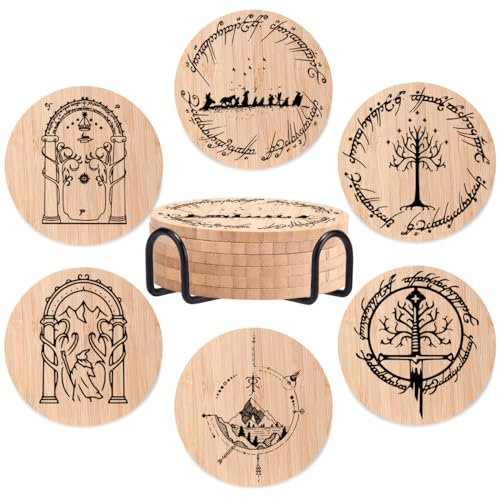 Lot de 6 Dessous de Verre en Bois de Bambou Le Seigneur des Anneaux avec Support Cadeau de Pendaison de crémaillère
