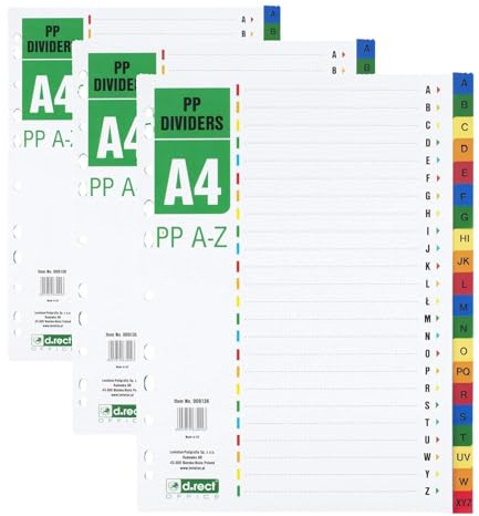 D.RECT Register für A4, PP A-Z PPAZ, A-Z Trennblätter, Ringbuchregister, Taben mit Zahlenaufdruck A-Z, Mehrfarbig, Farb-Trenner aus PP, Polypropylen (Packung mit 3)