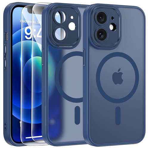 FLLAO Magnétique Coque pour iPhone 12 avec 2 Verre Trempé, Compatible avec MagSafe, Protection d'objectif Tout Compris, Etui Mat Arrière Housse Fine Antichoc Case iPhone 12 6.1, Bleu Orage