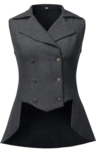 UniqKaliber Gilet da donna in stile vittoriano, abiti anni 1920, giacca a coda in tweed rinascimentale, gotico, Steampunk, Grigio scuro, L