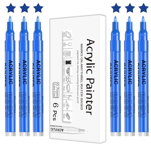 Alitastro Acrylic Paint Pens Waterproof Markers 6 Blue Permanent Marker Pens Acrylic Pens for Rock Painting Glass Stone Ceramic Metal Fabric Pebble Painting pens Craft Supplies