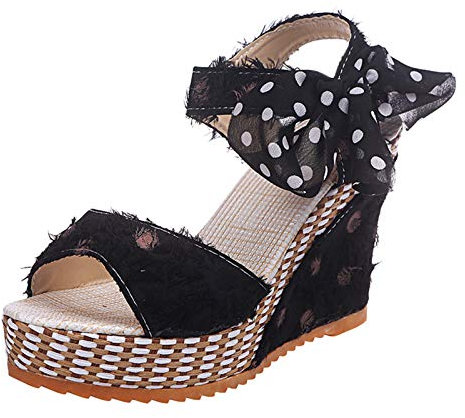 Générique Sandali Zeppe Per Vestiti Estate Tacco Large Ladies Platform Dot scarpe tacco moda per le donne scarpe con lacci sandali per le donne Stivali Zeppe Marrone Per, Le Noir, 40 EU