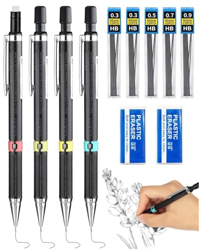 HUVZOR 4 Pièces Porte-Mines Métal avec étui, Crayon Mécanique Automatique 0,3 mm/0,5 mm/0,7 mm et 0,9 mm avec Recharge Mines HB, Gommes, Porte Mine pour l'écriture Artistique, le Dessin, le Croquis