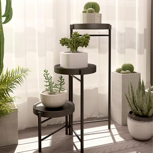 RONIPIC 3-Tier Metal Plant Stand, Rotatable Adjustable Angles for Different Pot Sizes, Rust-Resistant Spray Painted Surface, No Screws Needed, Perfect for Indoor Windowsills & Outdoor Patios, Black
