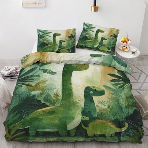 Housse de Couette 90x190 Dinosaure Jungle Parure de Lit 1 Personne Feuilles Vert 2 Pièces Housse Couette en Microfibre Douce Literie, avec Fermeture Éclair, 1 Taies d'oreiller 65x65 cm