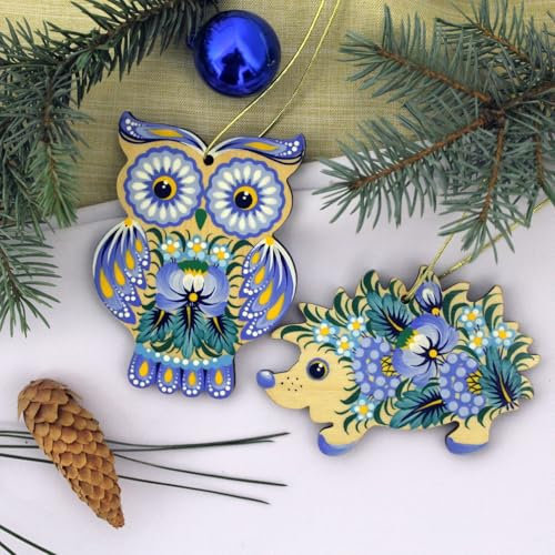 Holz-Christbaumschmuck 2 St. Set Handmade Lustige Tiere Eule und Igel Figuren aus Holz Exklusiver Weihnachtsschmuck Handgemacht | Schönes Weihnachtsgeschenk