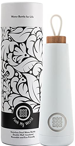 Funk My World Stainless Steel Water Bottle – 17Oz/500ml Double Walled Vacuum Insulated – Water Bottle Metal - Rust Resistant Stainless Steel Flask, Leak-Proof Acacia Wood Lid with Handle Strap (Black)