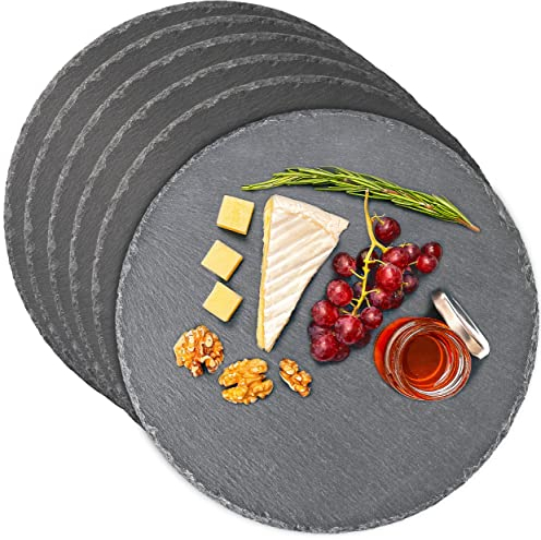 Praknu Assiette en Ardoise Ronde de 30 cm - Lot de 6 - Pour Servir ou Décorer - Pierre Naturelle - Antidérapante