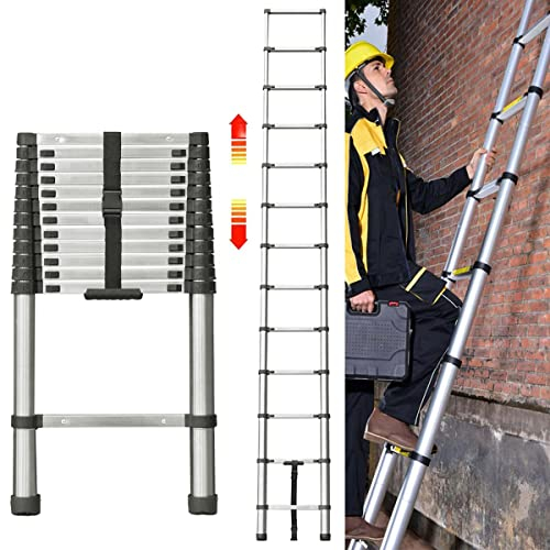 Yiyai 3,8 m Teleskopleiter, Mehrzweck-Teleskopleiter, zusammenklappbar, mit rutschfesten Gummifüßen und Breiten Stufen, ausziehbare Dachbodenleiter, En131 Edelstahlleiter, 150 kg Kapazität