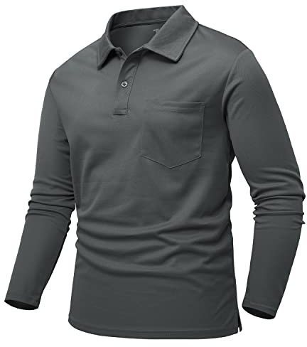 Rdruko Golf Shirt Long Sleeve Men Smart Casual Breathable Button Neck T Shirts Wicking Quick Dry Polyester Work Tops with Pocket Dark Grey L