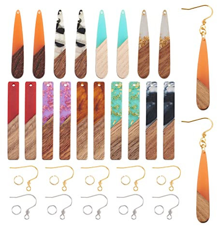 Pandahall - Kit di 138 orecchini pendenti rettangolari a forma di goccia, con ciondoli in legno di noce e resina, in acciaio inox, anellini aperti e ganci per orecchini