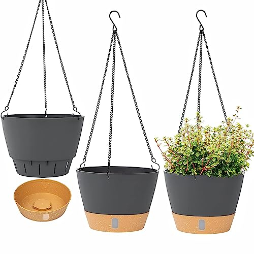 LSRVNM 3 Piezas Maceta Colgante, 25CM Macetas de Autorriego, Cesta Colgante con Bandeja de Nivel de Agua Visible de Extraíble y Agujero Drenaje y Ganchos para Jardín y Hogar (Gris Negro)